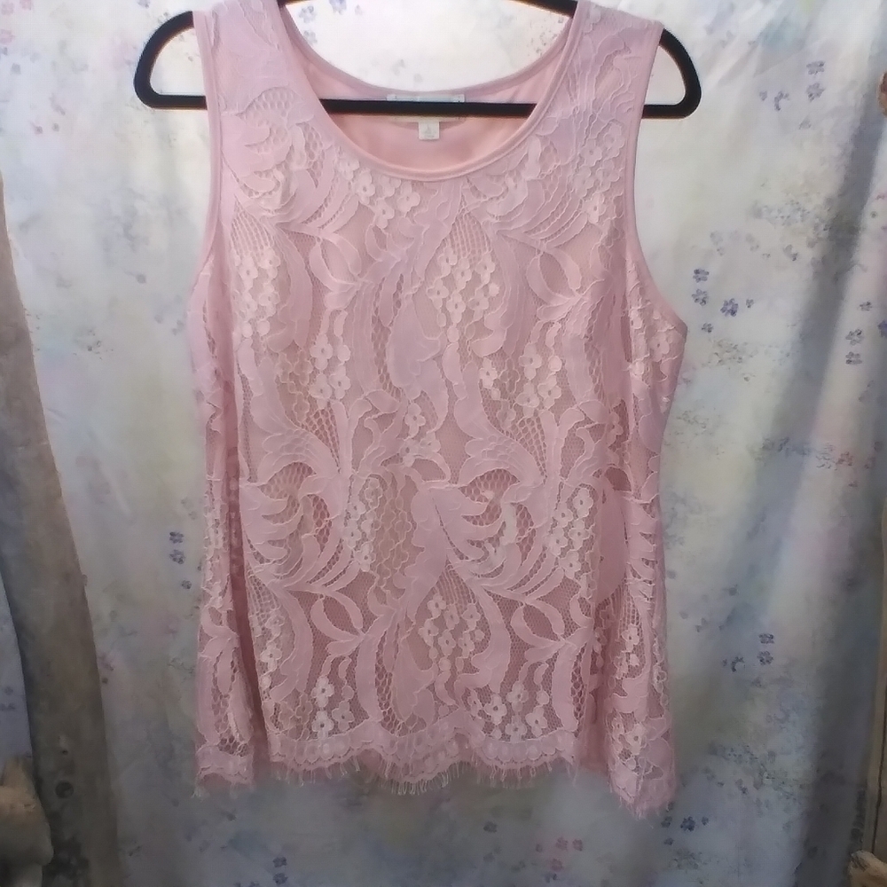 Luna Moon Lace Overlay Fringed Hem Pink Lined Sleeveless Dressy Top Size Large